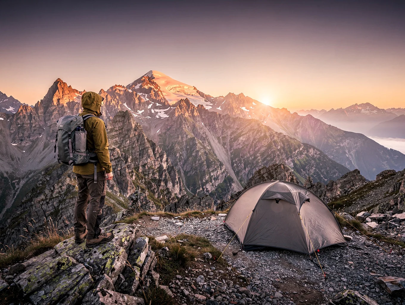 Outdoor traveler drinking from insulated hydration vessel at mountain summit